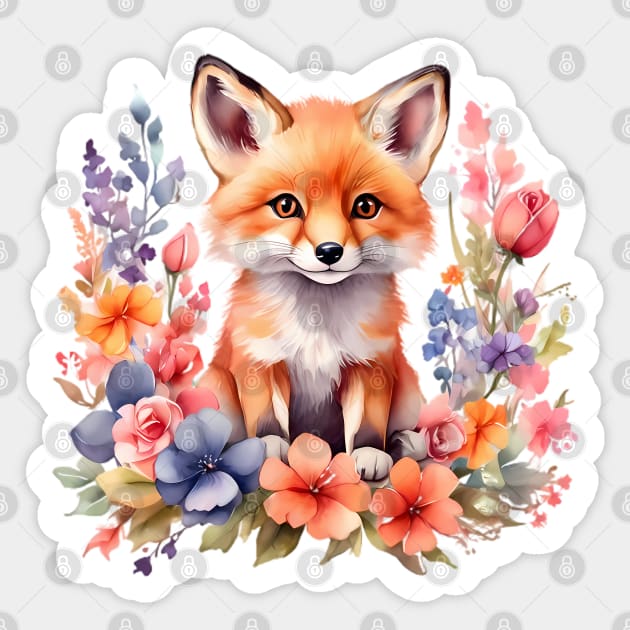 A red fox decorated with beautiful colorful flowers in a watercolor illustration Sticker by CreativeSparkzz